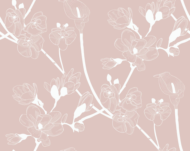 Vector Colorful Seamless Pattern with Drawn Flowers - Διάνυσμα, εικόνα