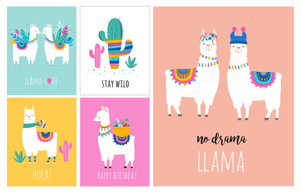 Lama e alpaca collezione di simpatiche illustrazioni disegnate a mano, carte e design per il design della scuola materna
 - Vettoriali, immagini