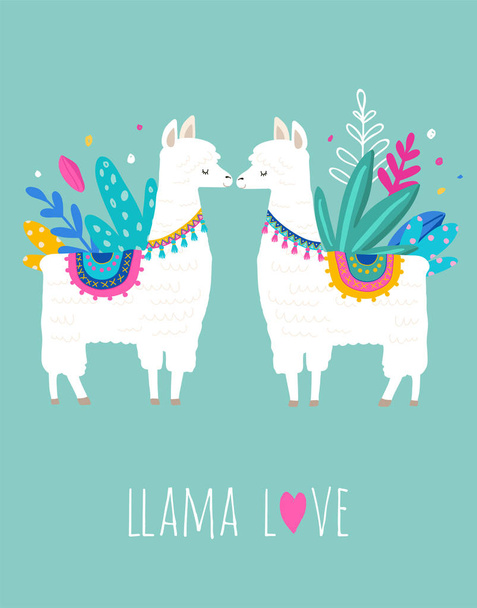 Lama Love ilustrace, roztomilý ručně kreslené prvky a design pro školky design, plakát, blahopřání - Vektor, obrázek