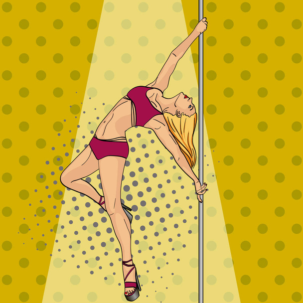 Mädchen tanzt auf Pole Pop Art Retro Vektor. Nachahmung im Comic-Stil. - Vektor, Bild