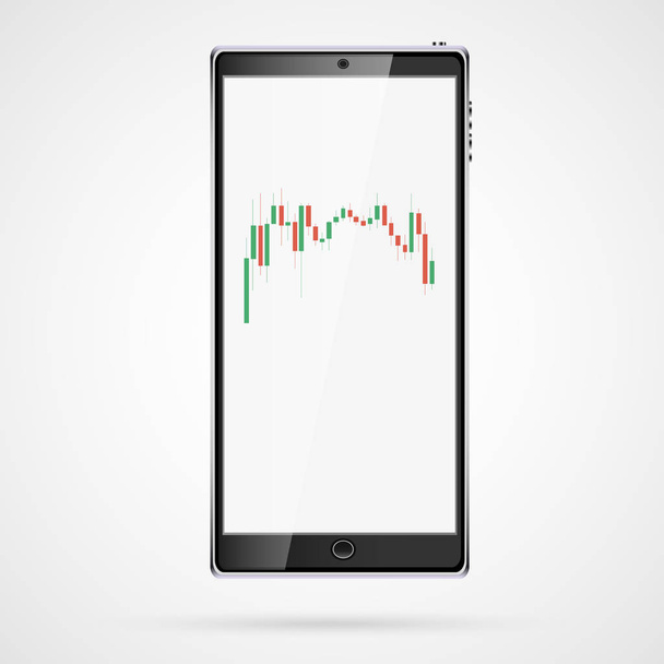 Zwarte realistische grote verticale smart touch mobiele telefoon, smartphone met Japanse kaarsen, interval grafiek van veranderingen in de aandelenkoersen, de prijzen voor grondstoffen, vector illustratie - Vector, afbeelding