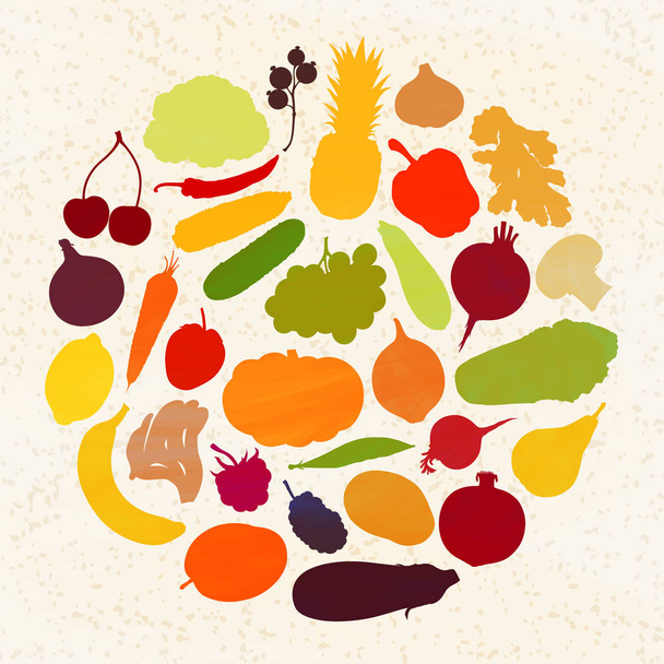 Silhouettes of vegetables and fruits form a circle. Vector illustration. Vintage. A set of graphic elements on the theme of harvesting. - Vetor, Imagem