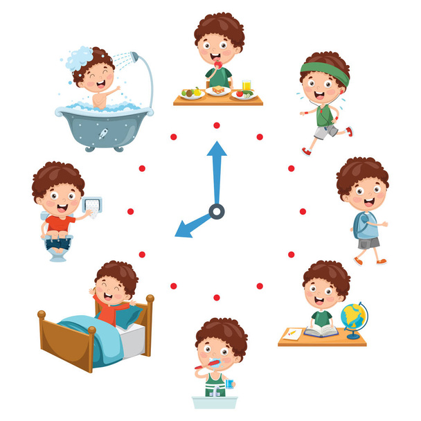 Ilustración vectorial de las actividades rutinarias diarias de los niños
 - Vector, imagen