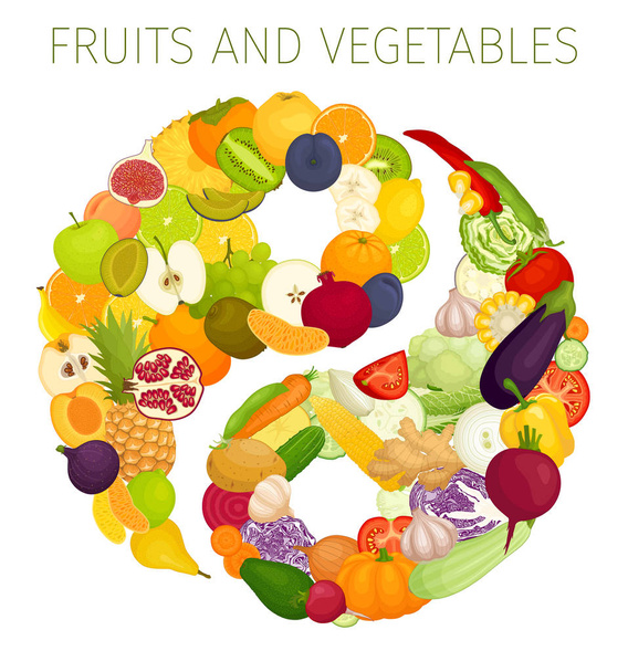 A symbol of dao from food. Vector. Yin and yang from vegetables and fruits. Concept of healthy nutrition. - Vetor, Imagem