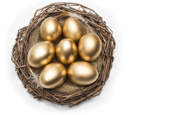Nest with golden eggs on a white background - Zdjęcie, obraz