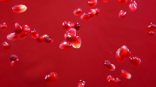 Punaiset kypsät granaatin siemenet lentävät punaisella taustalla
 - Materiaali, video