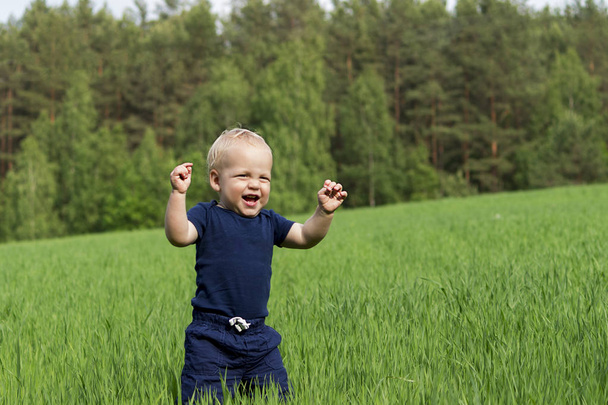 Glücklicher kleiner Junge sitzt auf dem Gras im Feld - Foto, Bild