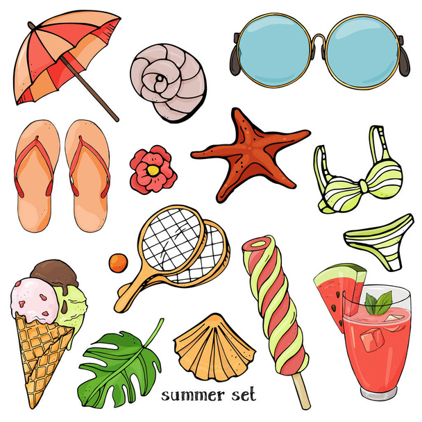Summer set on the theme of beach holidays and summer meals. Colorful beach items in sketch style. - Διάνυσμα, εικόνα