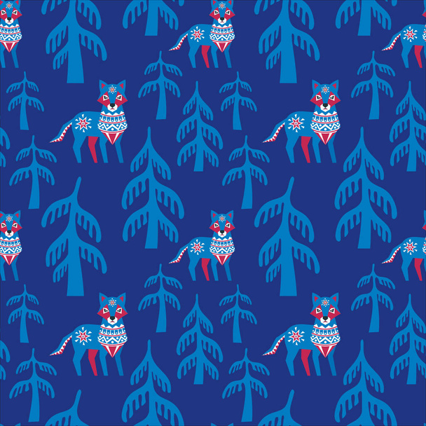 Decorative seamless pattern in folk style with wolf. Colorful vector background. - Вектор,изображение