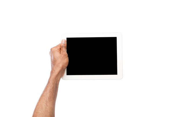 Schwarzer hält digitales Tablet isoliert auf weißem Hintergrund - Foto, Bild