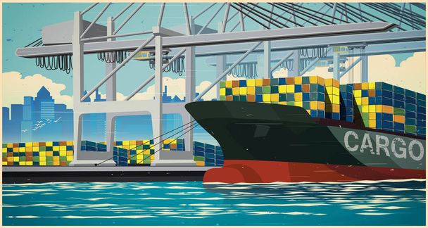Loading containers on container ship retro poster - Vector, Image