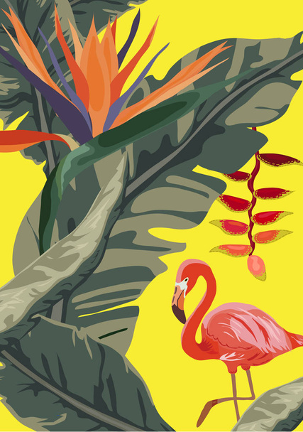 Tropical jungle rainforest plants flowers, flamingo, toucan border background - Vetor, Imagem