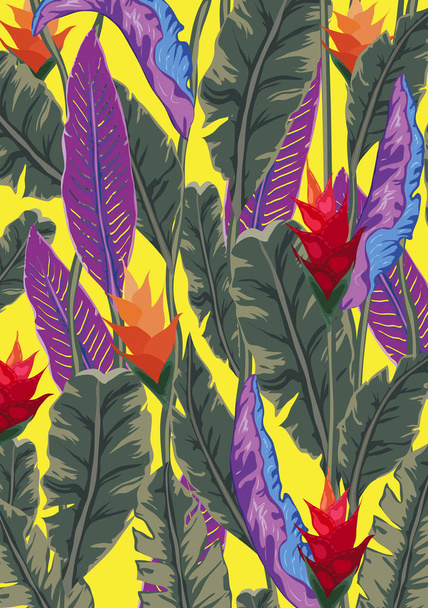 Tropical Palm Leaves and Flowers Background. Exotic Texture. Floral Wallpaper. - Vector, afbeelding