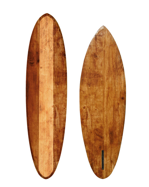 Винтажная деревянная доска для серфинга, изолированная на белом с вырезкой дорожки для объекта, ретро стили
. - Фото, изображение