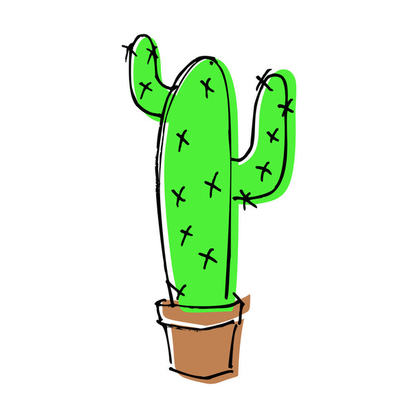 sketch doodle home green cactus in brown pot in flat cartoon col - Вектор,изображение