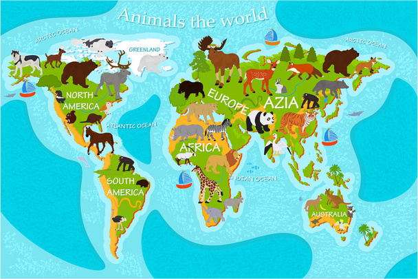 Χάρτης των ζώων του κόσμου με τα ονόματα των ηπείρων - Διάνυσμα, εικόνα