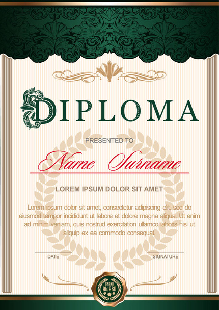 diploma is vertical in the style of vintage, rococo, baroque. It is decorated with classical floral ornament, columns, flourish and Ornamented capital letter D. Green and golden color scale - Vector, Image