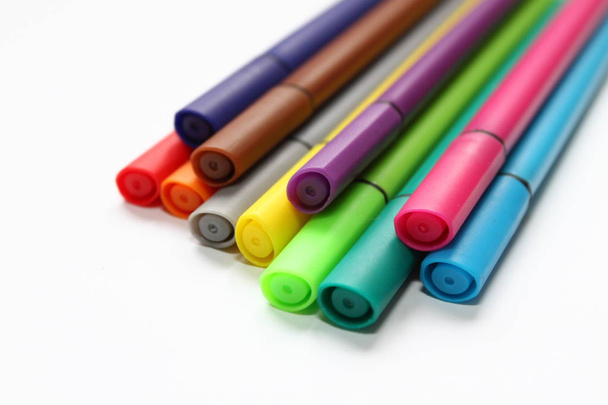 Color pen. Pile with color pens isolated on white background. Color background texture, felt-pen activity. Children school fun time. Students painting time. School supplies. Drawing supplies. No sharpen. Series ! - Photo, Image