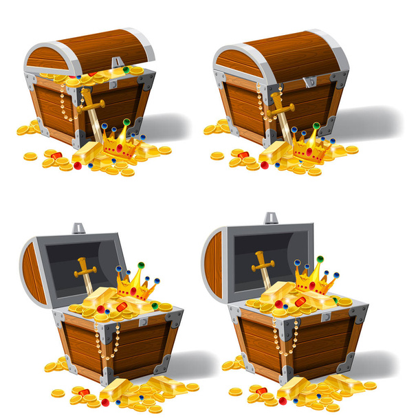 Set old pirate chests full of treasures, gold coins, ingots, jewelry, crown, dagger, vector, cartoon style, illustration, isolated. For games, advertising applications - Vector, Image
