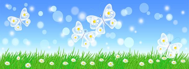 Summer landscape with fairy butterflies, meadow flowers and gree - Вектор,изображение