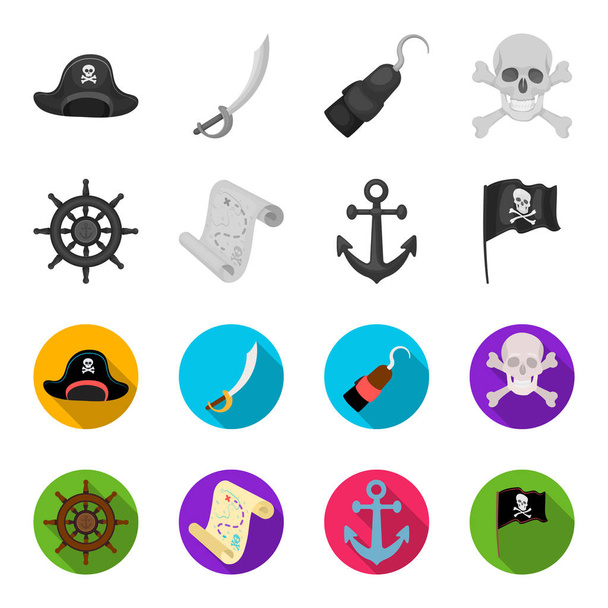 Pirate, bandit, rudder, flag .Pirates set collection icons in monochrome,flat style vector symbol stock illustration web. - Vecteur, image