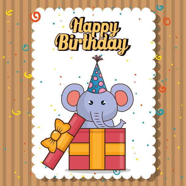 Cartão de aniversário feliz com elefante bonito
 - Vetor, Imagem