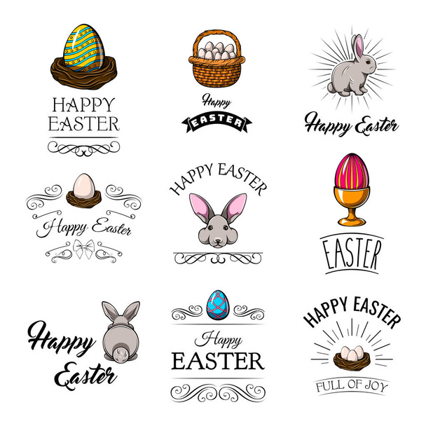 Set de elementos de diseño Pascua. Conejito, huevos de colores, titular de huevo, cesta, nido de aves. Vector
. - Vector, imagen