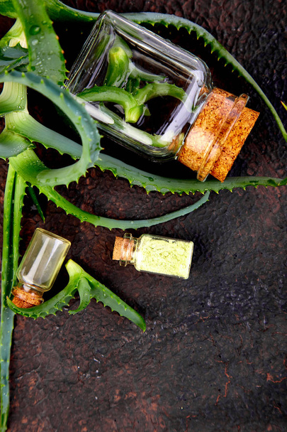 Aloe vera yağı spa kahverengi zemin üzerine için cam şişe ve havlu. Star kaktüs, Aloin, Jafferabad, Aloe barbadensis, Barbados cilt tedavisi ve bakımı için bitkisel ilaç. - Fotoğraf, Görsel