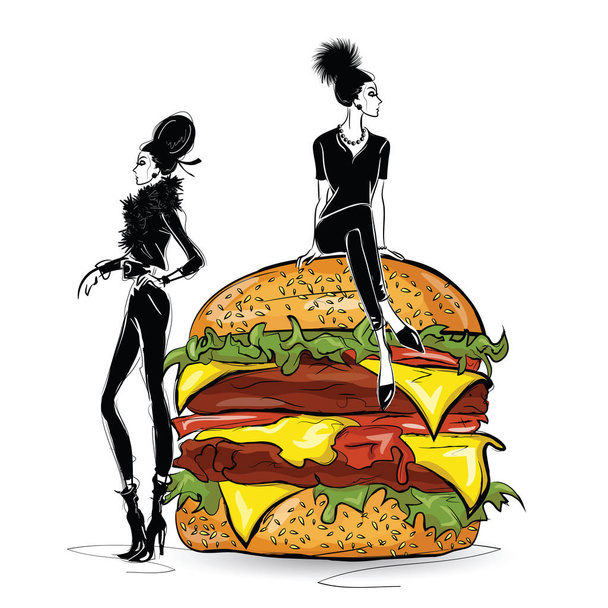 Burger com menina elegante no estilo esboço no fundo branco
. - Vetor, Imagem