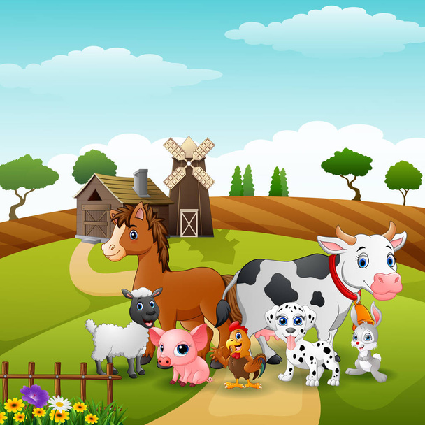 Векторная иллюстрация группы животных на пути фермы
 - Вектор,изображение