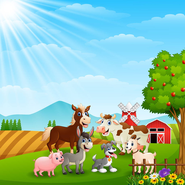 Векторная иллюстрация счастливых животных на фермерском фоне
 - Вектор,изображение