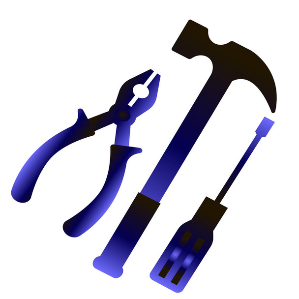 Hand-held locksmith tools icons - screwdriver, hammer - nail and pliers close-up - Vector, Image