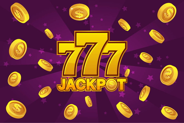 logo JACKPOT and golden 777 icon, explosion gold coins on violet background. Banner casino background - Vector, Image