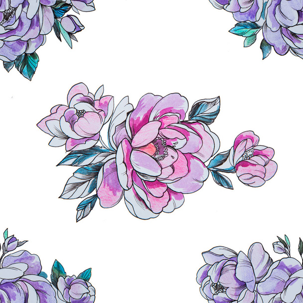 Seamless pattern purple and red peonies on a white background. - Fotoğraf, Görsel