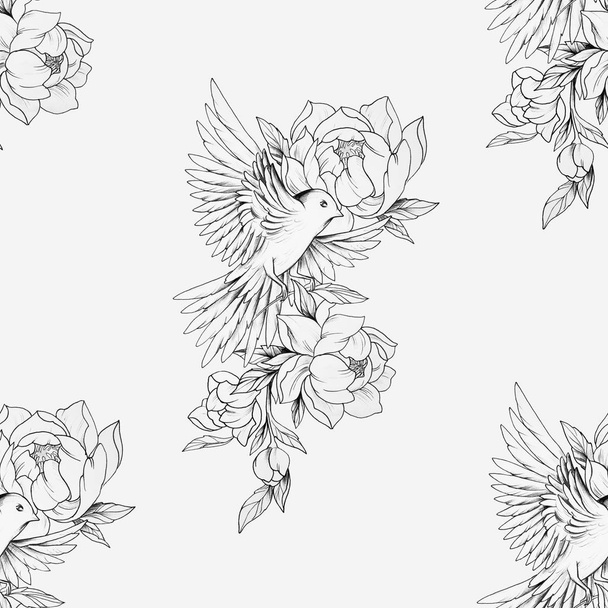 Seamless drawing of a bird in beautiful flowers and on a white background. - Photo, Image