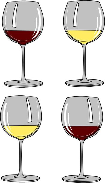 Σετ διαφανή ποτήρια με λευκό και κόκκινο κρασί - Διάνυσμα, εικόνα