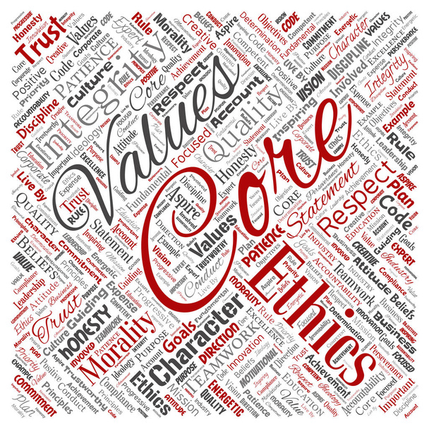 Vector conceptuele core waarden integriteit ethiek vierkant rood concept word cloud geïsoleerd achtergrond. Collage van eerlijkheid kwaliteit vertrouwen, verklaring, karakter, doorzettingsvermogen, respect en betrouwbaar - Vector, afbeelding