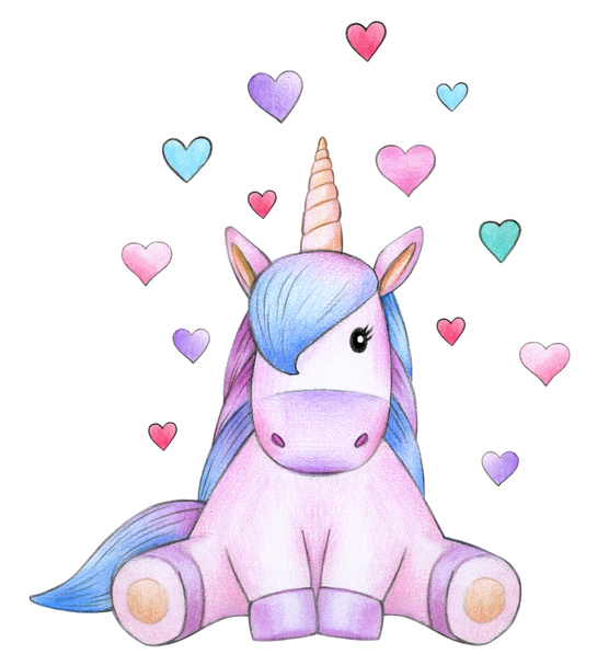 unicorn cartoon met harten zittend op witte achtergrond - Foto, afbeelding