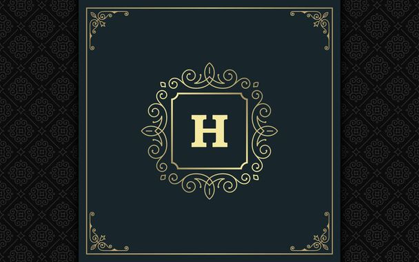 Luxury logo template vector golden vintage flourishes ornament. Good for royal crest, boutique brand, wedding shop, hotel sign. Frame and pattern background. - Vector, Imagen