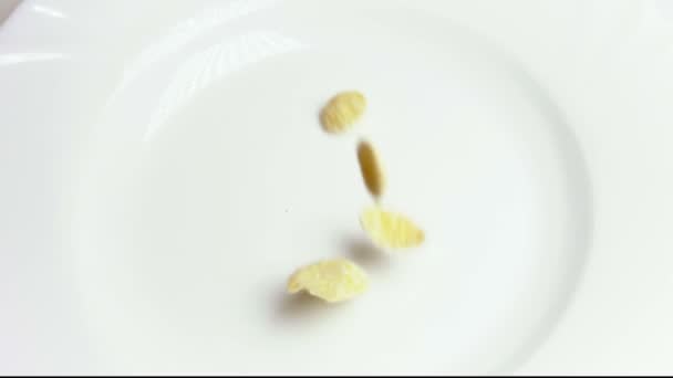 SLOW MOTION: Corn flakes fall on white dish close up  - Metraje, vídeo