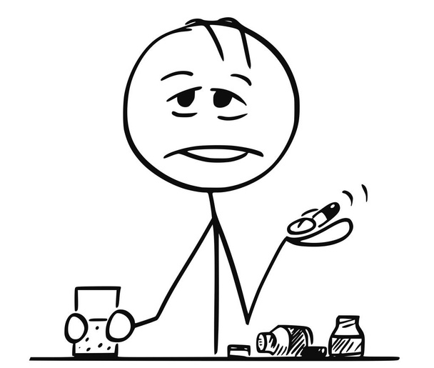 Karikatur eines müden oder kranken Mannes, Arbeiters oder Geschäftsmannes mit einer Handvoll Pillen. - Vektor, Bild
