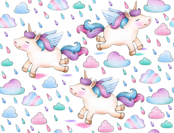 ensemble de licornes volant sous la pluie sur fond blanc
 - Photo, image