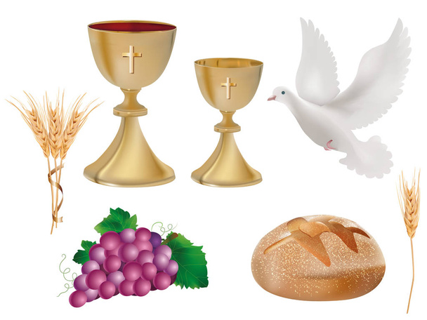 3d ilustración realista aislado símbolos cristianos: cáliz de oro con vino, paloma, uvas, pan, espiga de trigo
 - Foto, imagen