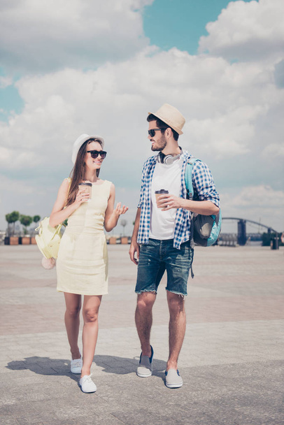 Full size of attractive lovely cool funky couple with backpacks  - Photo, Image