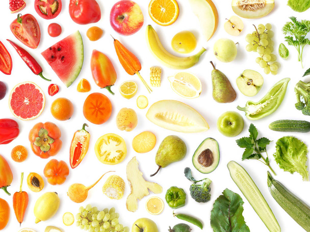 close-up photo of fresh fruits and vegetables set isolated on white background - Фото, изображение