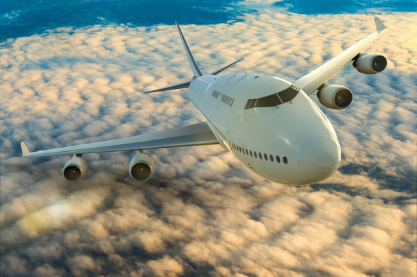 Bulutların üzerinde uçan bir ticari uçağın 3 boyutlu görüntüsü - Fotoğraf, Görsel