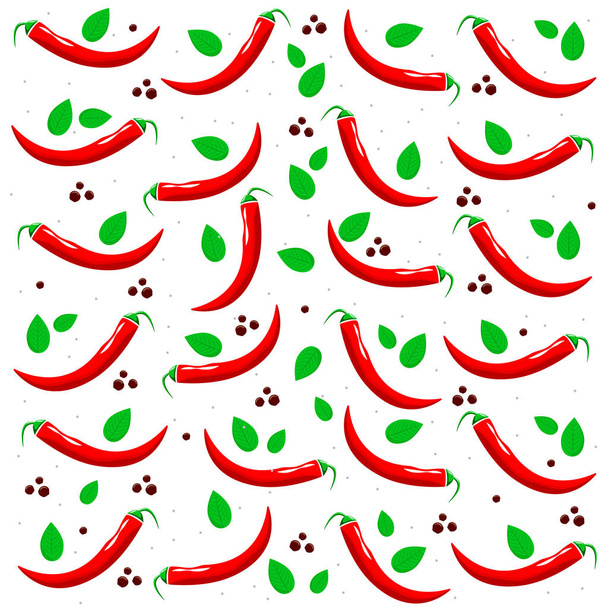 Μοτίβο πιπεριά τσίλι, πικάντικο λαχανικών εικονογράφηση, πικάντικο μεξικάνικο φαγητό. Μοτίβο κόκκινο τσίλι πιπέρι, μπαχάρι και πράσινα φύλλα. - Διάνυσμα, εικόνα