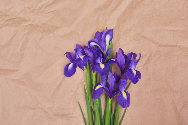 Cartão de saudação com flores de íris roxas primavera no fundo de papel marrom, espaço para o seu texto. vista superior
 - Foto, Imagem