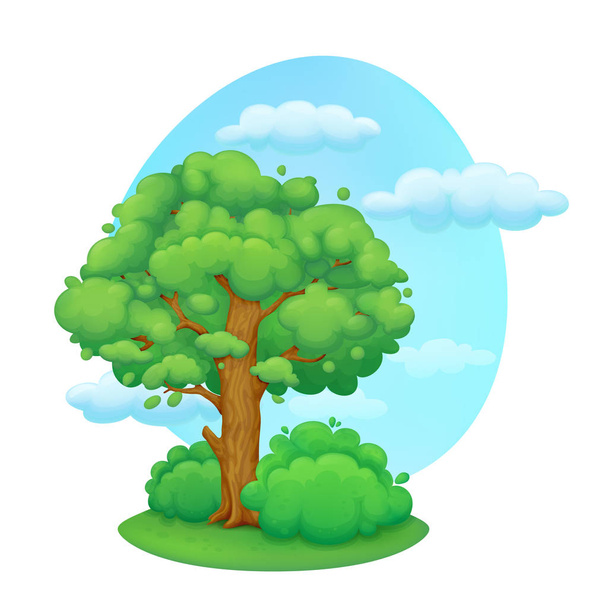 Árbol de dibujos animados con arbustos. Día de la primavera - Vector, Imagen