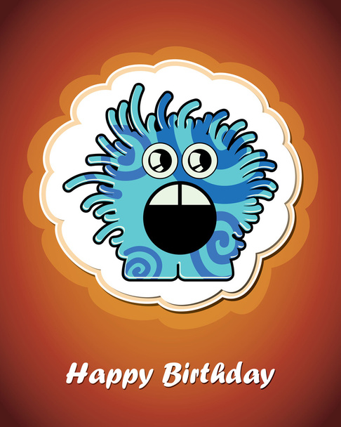 Happy birthday card with cute cartoon monster, vector - Vektör, Görsel